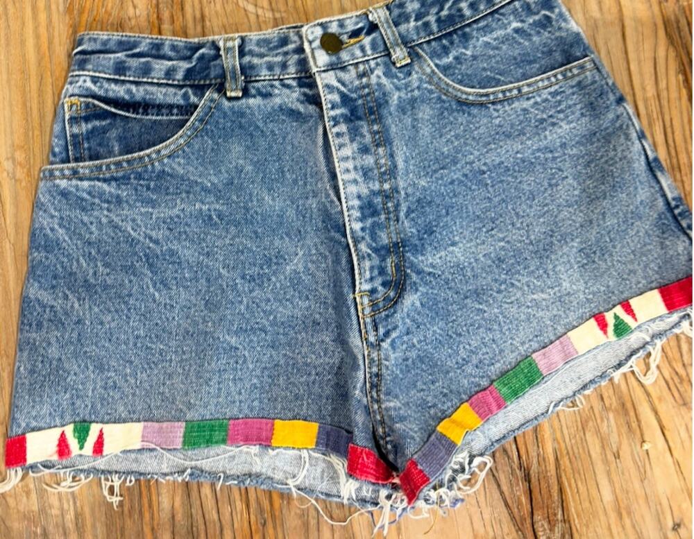 Vintage GUESS Georges Marciano Denim Shorts 31 High Waist Embroidered Trim 80s
